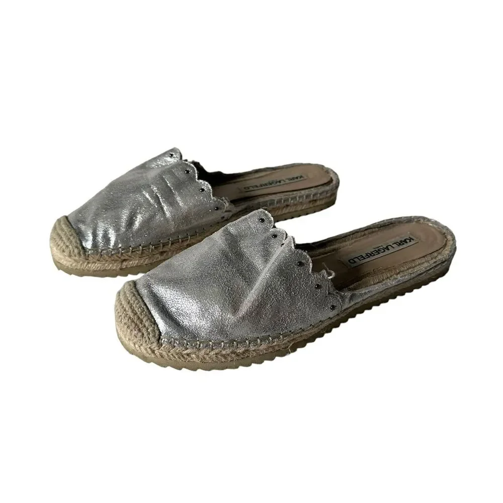 Karl Lagerfeld‎ Metallic Silver Espadrille Slides Slip on Shoes Women Size 7.5